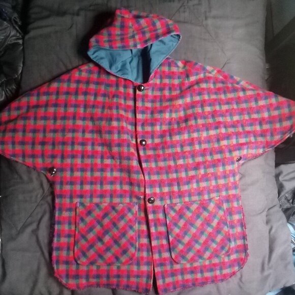 Vintage Pioneer Wear Reversible Sleeveless Poncho Jacket Hood Wool - Picture 3 of 8